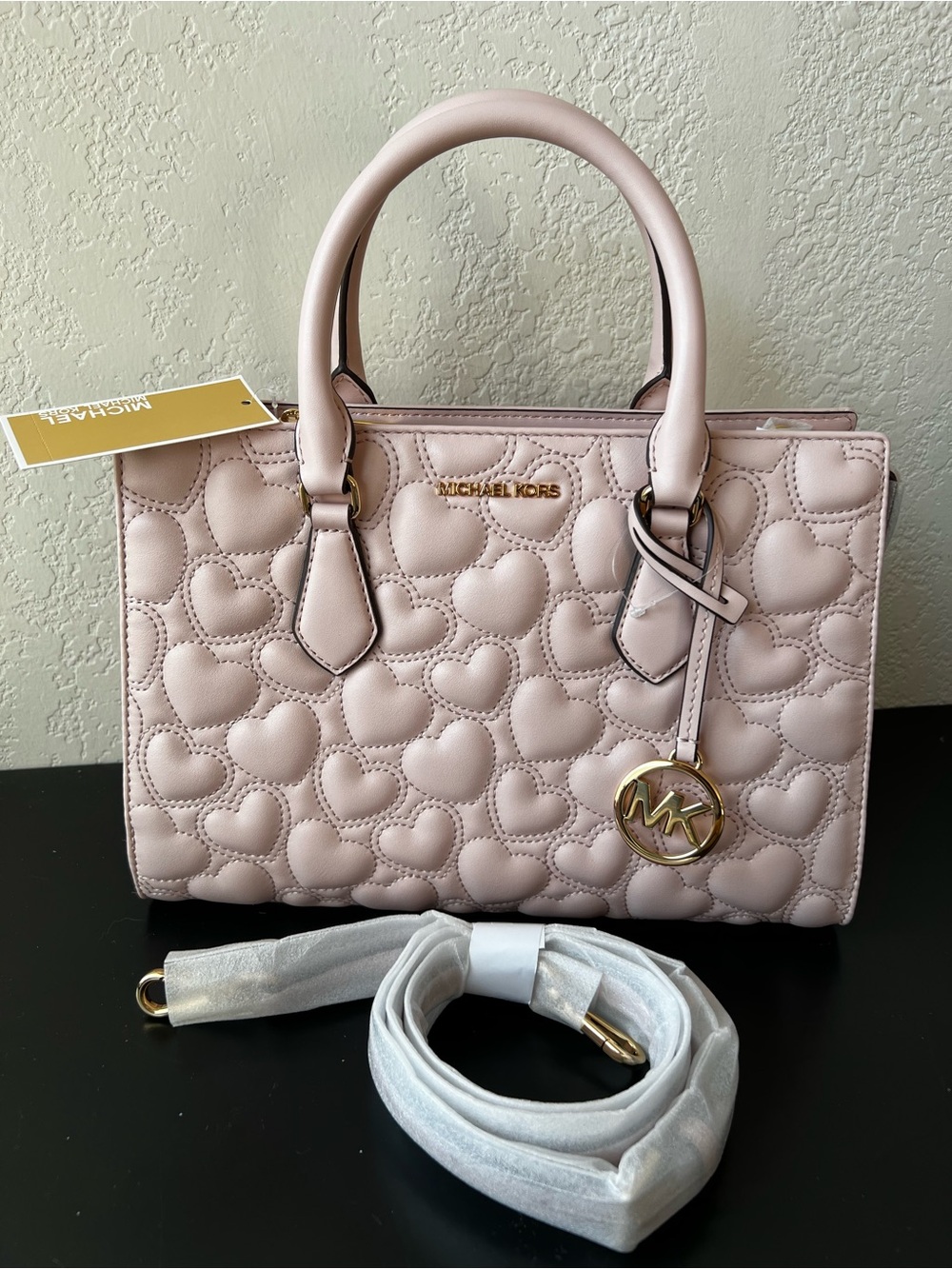 NWT Michael Kors Sheila Medium Heart Embroidered Satchel in Powder Blush Pink